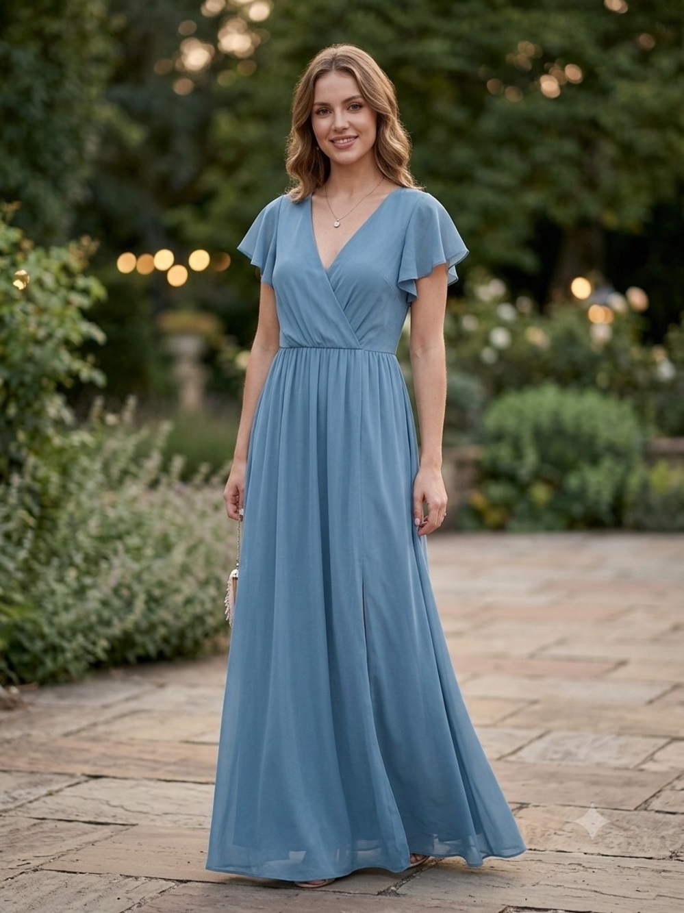 Lulus Lost in the Moment Slate Blue Maxi Dress Flutter Sleeve Front Slit Size S